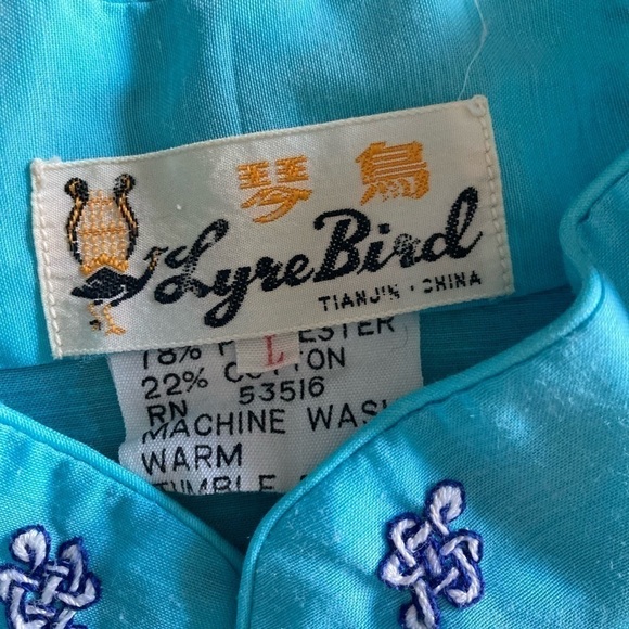 Vintage Lyre Bird Tianjim China Hand Embroidered Floral Blue Dress Robe - Picture 7 of 11